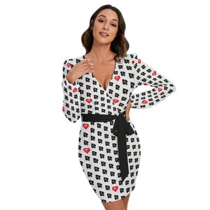 Hotwife QOS Sexy Long Sleeve Wraparound Dress with Belt Queen of Spades design BBC Lover Heart on White Personalizable for text and color