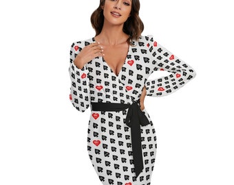 Hotwife QOS Sexy Long Sleeve Wraparound Dress with Belt Queen of Spades design BBC Lover Heart on White Personalizable for text and color