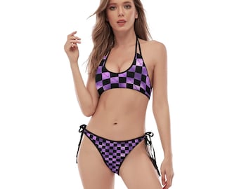 Hotwife bikini in purple and black with hotwife text semi hidden. Total personalization for color and text. Ideal gift for hotwife vixen.