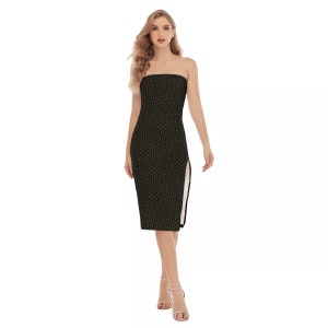 Pik Queen Super Sexy Side Split Tube Top Dress - QOS Motiv in Gold auf Schwarz