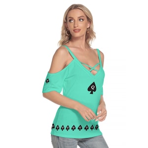 Hotwife Cold Shoulder t-shirt with hotwife QOS design in green and black queen of spades motifs totally personalizable for text and color