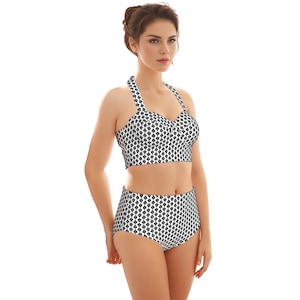Queen of Spades 50s Style Two-Piece Halter-neck Hotwife Swimsuit | QOS Symbol on White Personalizable text and color to 7XL for Hotwives