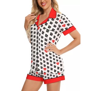 Hotwife Queen of Spades Imitation Silk Pajamas with Short Sleeves QOS Motif Hotwife Red Hearts on White Red Trim Totally Personalizable
