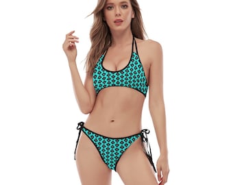 Queen of Spades Bikini Set black QOS motif design on Green Hotwife QOS Bikini totally personalizable for text and color