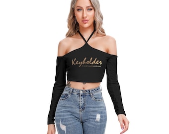 Stylish Hotwife Keyholder halter neck crop top in Black Keyholder Cuckold husband Locked and Denied gold color gift for domme mistress