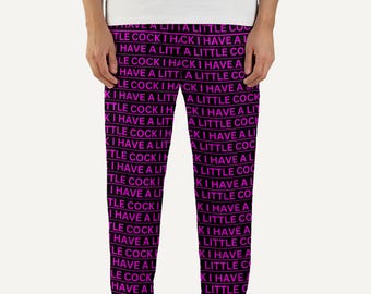 Little Cock Pajama Pants in Magenta on Black. Ideal for a Sissy Cuckold Locked and Denied. Totally Personalizable Text and Color