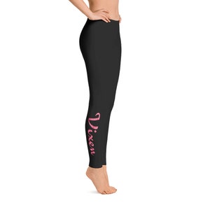 Hotwife Vixen Leggings in black with lip smacking pink Vixen Design Totally Personalizable to Text and Color