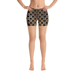 Hotwife Queen of Spades shorts - gold and black checkerboard design with Queen of Spades motif. Ideal gift for lover of BBC.