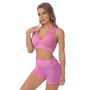 Hotwife Sports Bra Suit Set in pink. semi-hidden hotwife word cloud. Totally personalizable for color and text.