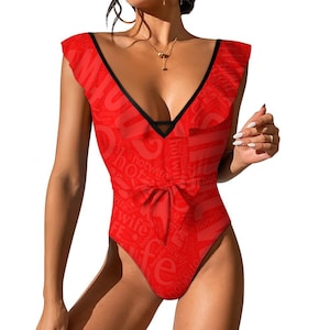 Hotwife One-Piece Ruffle Swimsuit, subtle hotwife design in red, personalizable for text and color, ideal gift for vixens and hot wives
