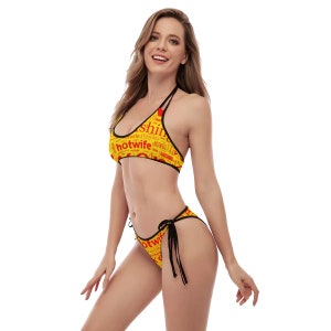 Hotwife bikini with hotwife wordcloud in red on yellow. Total personalization for color and text. Ideal gift for hotwife vixen.