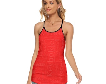 Keyholder Domme Criss-Cross Open Back Tank Top in red. Hotwife Keyholder Domme word cloud semi-hidden in red.
