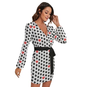 Hotwife QOS Sexy Long Sleeve Wraparound Dress with Belt Queen of Spades design BBC Lover Heart on White Personalizable for text and color