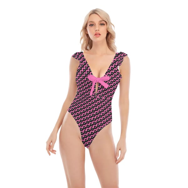 Hotwife One-Piece Ruffle Swimsuit, Queen of Spades design in magenta, personalizable for text and color, ideal gift for BBC lovers