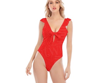 Hotwife One-Piece Ruffle Swimsuit, subtle hotwife design in red, personalizable for text and color, ideal gift for vixens and hot wives