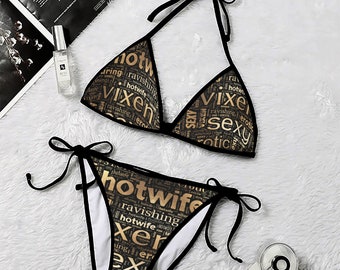 Sexy Hotwife Bikini in shimmering gold color on black - ideal gift; totally personalizable for text and color