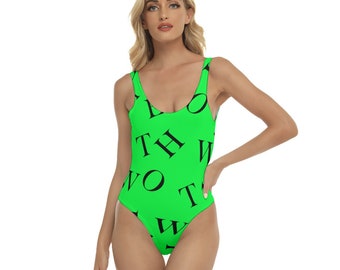 Hotwife One-Piece Swimsuit, jumbled hotwife large letters in black on green, totally personalizable for text and color