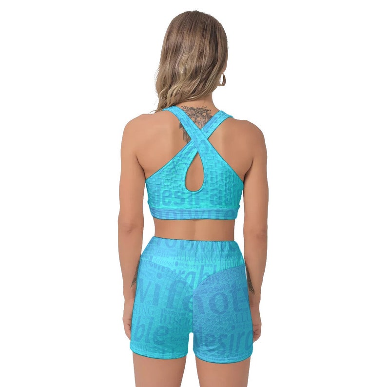 Hotwife Sports Bra Suit Set in Sky Blue. Semi-hidden Hotwife Word Cloud. Totally Personalizable