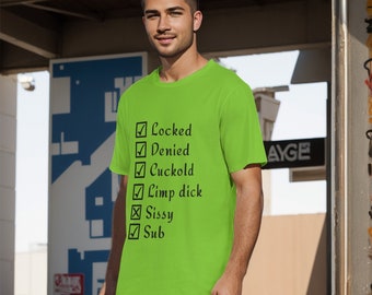 Camiseta con cuello redondo cornudo bloqueada y denegada / 190GSM 100% algodón en verde Certificado bloqueado y denegado Propiedad de "NOMBRE" Totalmente personalizable