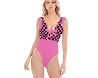Hotwife One-Piece Ruffle Swimsuit, subtle design in pink and black, personalizable for text and color, ideal gift for vixens, hot wives