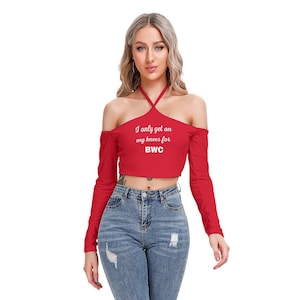 Stylish Hotwife Queen of Diamonds BWC halter neck crop top in red BWC on front QOD on back and sleeves perfect gift for wife or girlfriend
