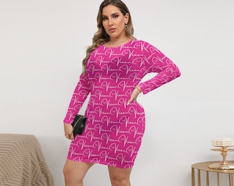 Hotwife Vixen Mesh-jurk (grote maten) in roze met Vixen and Stag-patroon in witte lange mouwen Personaliseerbaar voor motieftekst en kleur