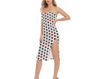 Queen of Spades Super Sexy Side Split Tube Top Dress with Hotwife Red Heart - qos motif in black on white QOS Hotwife dress.