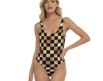 Hotwife/Cuckquean One-Piece Swimsuit, design subtly hidden in gold in check print, totally personalizable for text and color