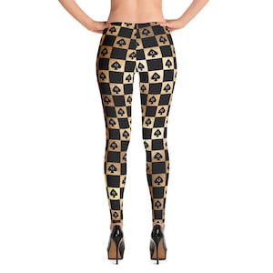 Queen of Spades Leggings - gold and black checkerboard design with Queen of Spades motif. Ideal gift for lover of BBC Sexy QOS Leggings