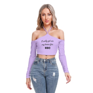 QOS Stylish Hotwife Queen of Spades bbc halter neck crop top lilac BBC on front QOS on back and sleeves perfect gift for wife or girlfriend