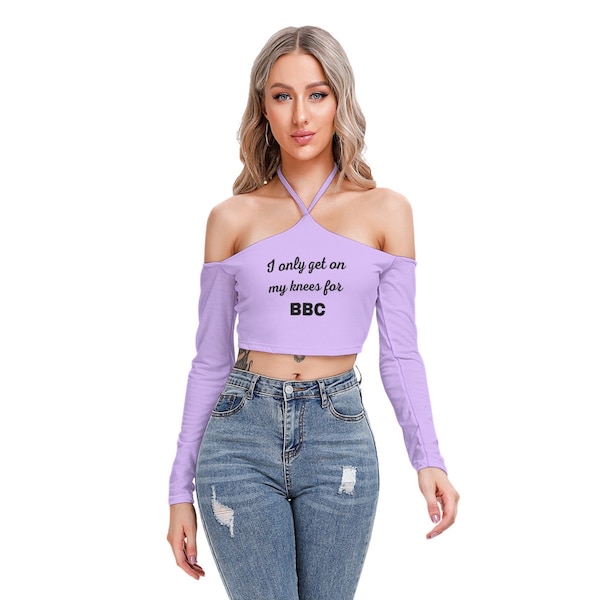 Stylish Hotwife Queen of Spades BBC halter neck crop top in lilac BBC on front QOS on back and sleeves perfect gift for wife or girlfriend