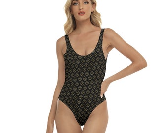 Hotwife Queen of Spades One-Piece Swimsuit, gold outline of Queen of Spades motif on black