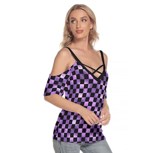 Hotwife Cold Shoulder t-shirt with hotwife chessboard design in purple and black totally personalizable for text and color