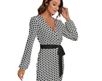 Hotwife QOS Sexy Long Sleeve Wraparound Dress with Belt Queen of Spades design in white on black full personalizable for text and color