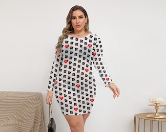 Hotwife Queen of Spades BBC Lover Mesh Dress (Plus Size) Long Sleeves QOS Design with BBC Red Heart on White Background