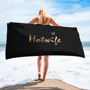 Hotwife Beach Towel, 30&quot; x 60&quot;, Hotwife and butterfly in Gold on Black, Super Soft, perfect for beach and bathroom, totally personalizable