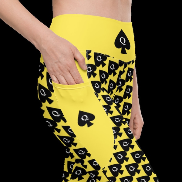 QOS Hotwife Leggings with Pockets Queen of Spades Design on Yellow Perfect Gift for a QOS Hotwife Vixen Pockets Highlighted with QOS Symbol
