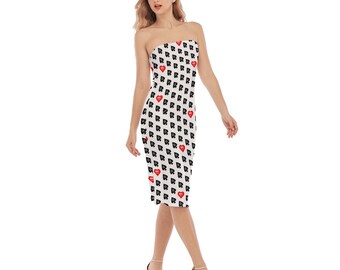 Queen of Spades Super Sexy Side Split Tube Top Dress with BBC Lover Red Heart - qos motif in black on white QOS BBC Lover Hotwife dress.