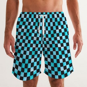 Men&#39;s Swim Shorts Cuckold design, checker-board in aqua and black. Subtle cornuto cuckold hand sign in the aqua squares. Swim shorts.
