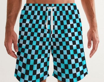 Men's Swim Shorts Cuckold design, checker-board in aqua and black. Subtle cornuto cuckold hand sign in the aqua squares. Swim shorts.