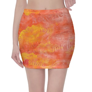 Hotwife Mini Skirt with hot orange watercolour design. Sizes up to 3XL Totally Personalizable for Text and Color