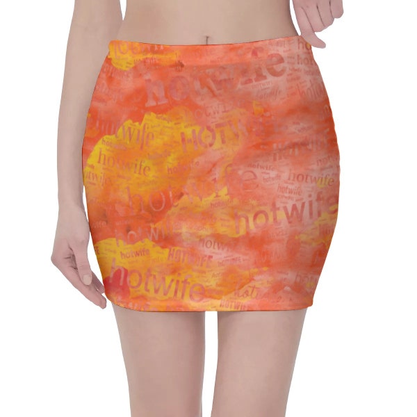 Hotwife Mini Skirt with hot orange watercolour design. Sizes up to 3XL