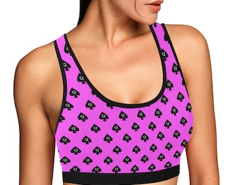 Sissy Queen of Spades Sports Bra - black text on pink. Ideal for the sissy in your life.