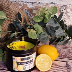 Energy blend: lemon, eucalyptus and basil scented soy wax candle