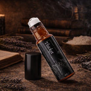 May include: A brown glass bottle with a white rollerball top and a black cap. The label reads "Thicket" with "Lavender, Rosemary, Grapefruit" and other text. The bottle is on a textured brown surface.