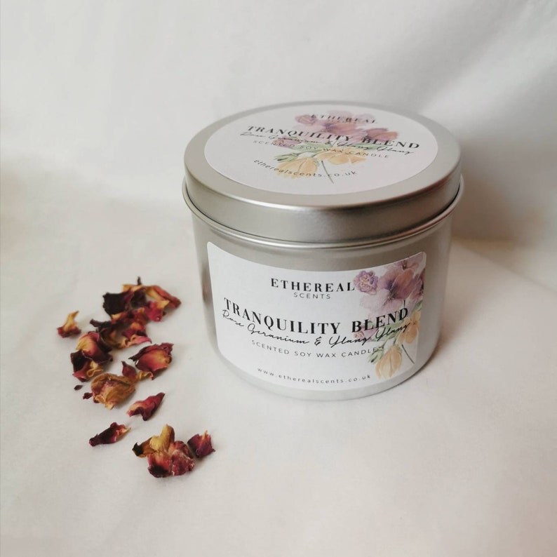 Tranquility Blend Rose Geranium and Ylang Ylang Scented Soy Wax Candle Vegan Sustainable Natural