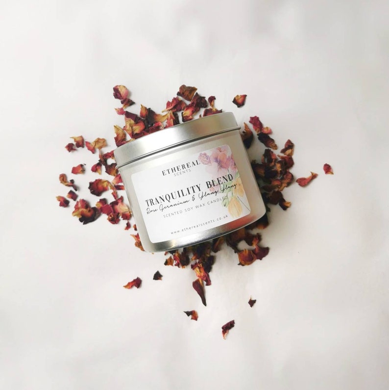 Tranquility Blend Rose Geranium and Ylang Ylang Scented Soy Wax Candle Vegan Sustainable Natural