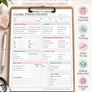 May include: A Cardiac Patient Checklist printed on a white sheet, secured to a brown clipboard. The form includes sections for monitoring, labs, meds, procedures, and vitals. A pink pen and a stethoscope are placed next to the clipboard.