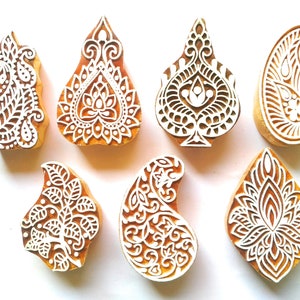 Antique Wooden Printing Block Flower Pattern Hand Carved Indian Textile Fabric Art Stamp( set of 7) 3 inch