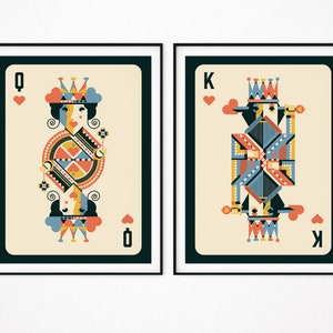 King e Queen of Hearts Stampe, Carte da gioco Arte da parete His & Hers Anniversario Coppie di nozze Home Decor Retro Vintage Geometric Prints Set